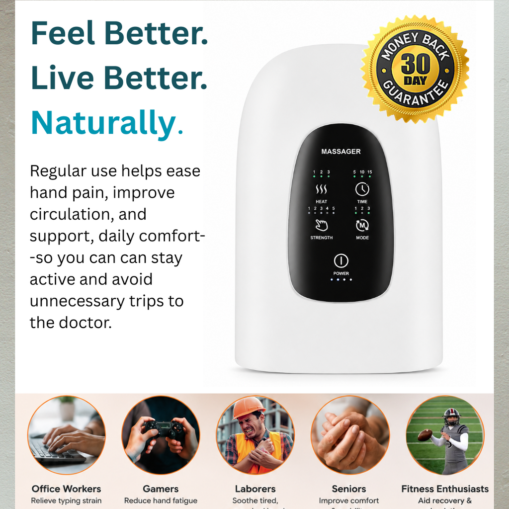 A white handheld massage device with a black control panel, shown on a light gray promotional background with marketing text, benefit icons, and a gold '30 Day Money Back Guarantee' badge.