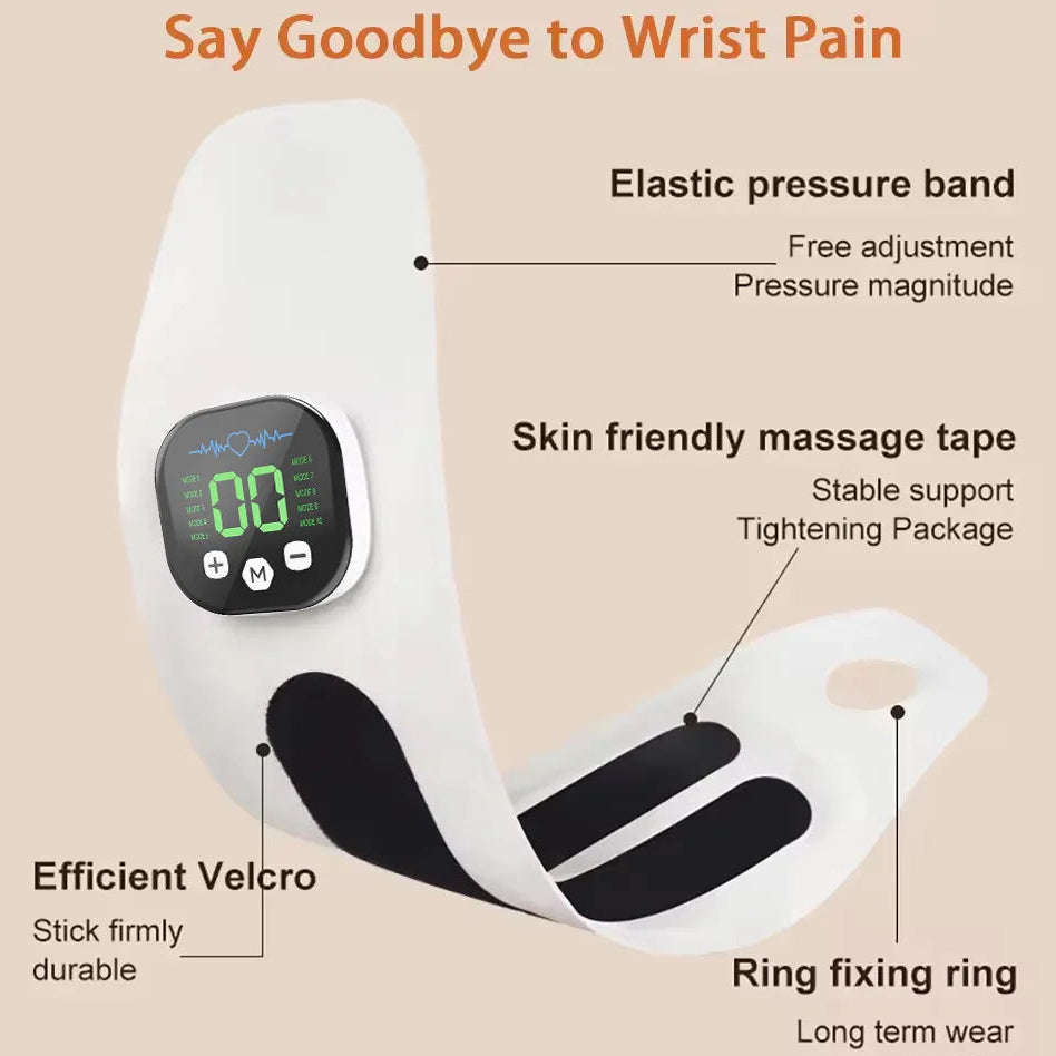 Elastic pressure band with massage tape and digital display on a beige background