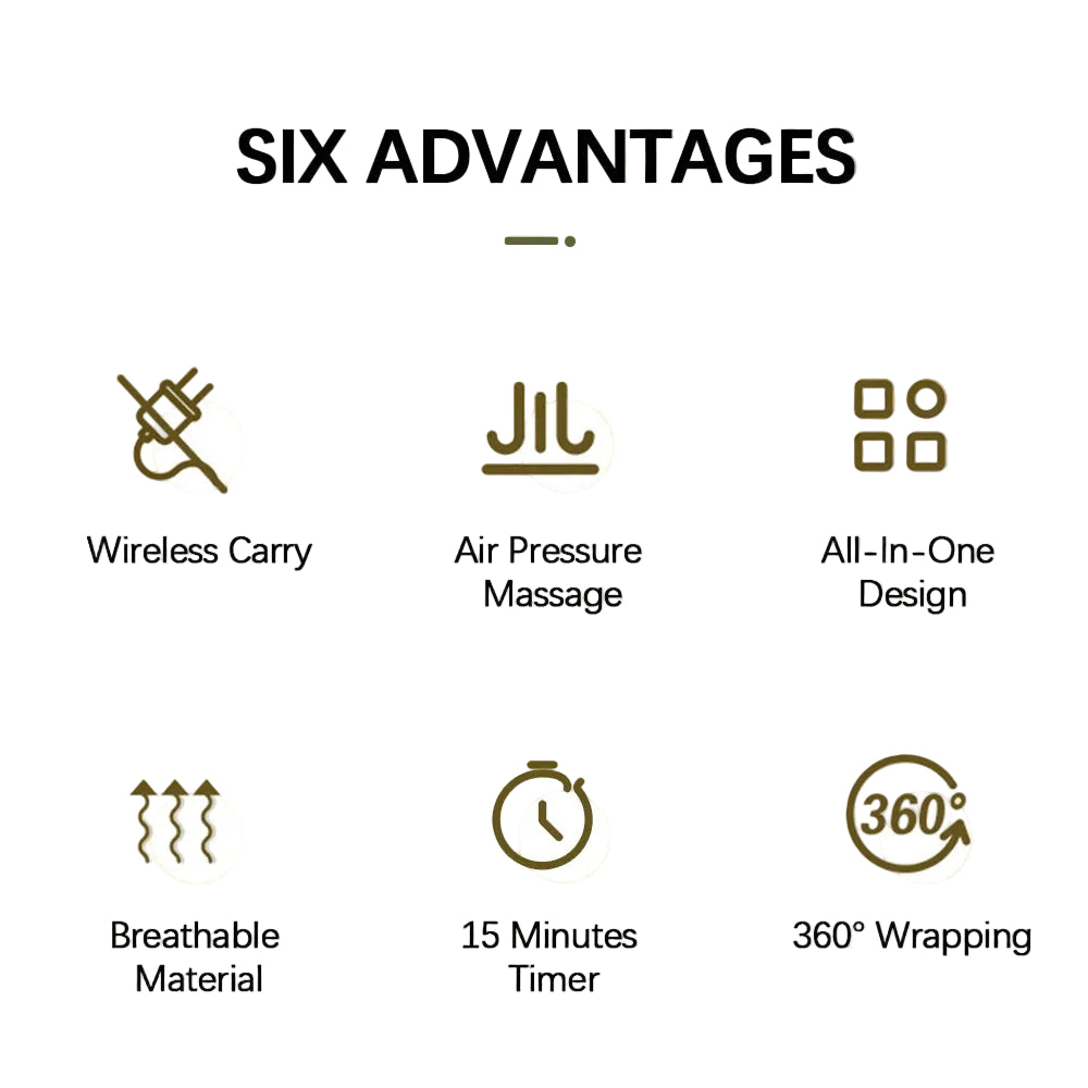 List of six advantages of an air pressure massage device on a beige background.