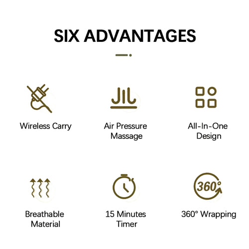 List of six advantages of an air pressure massage device on a beige background.