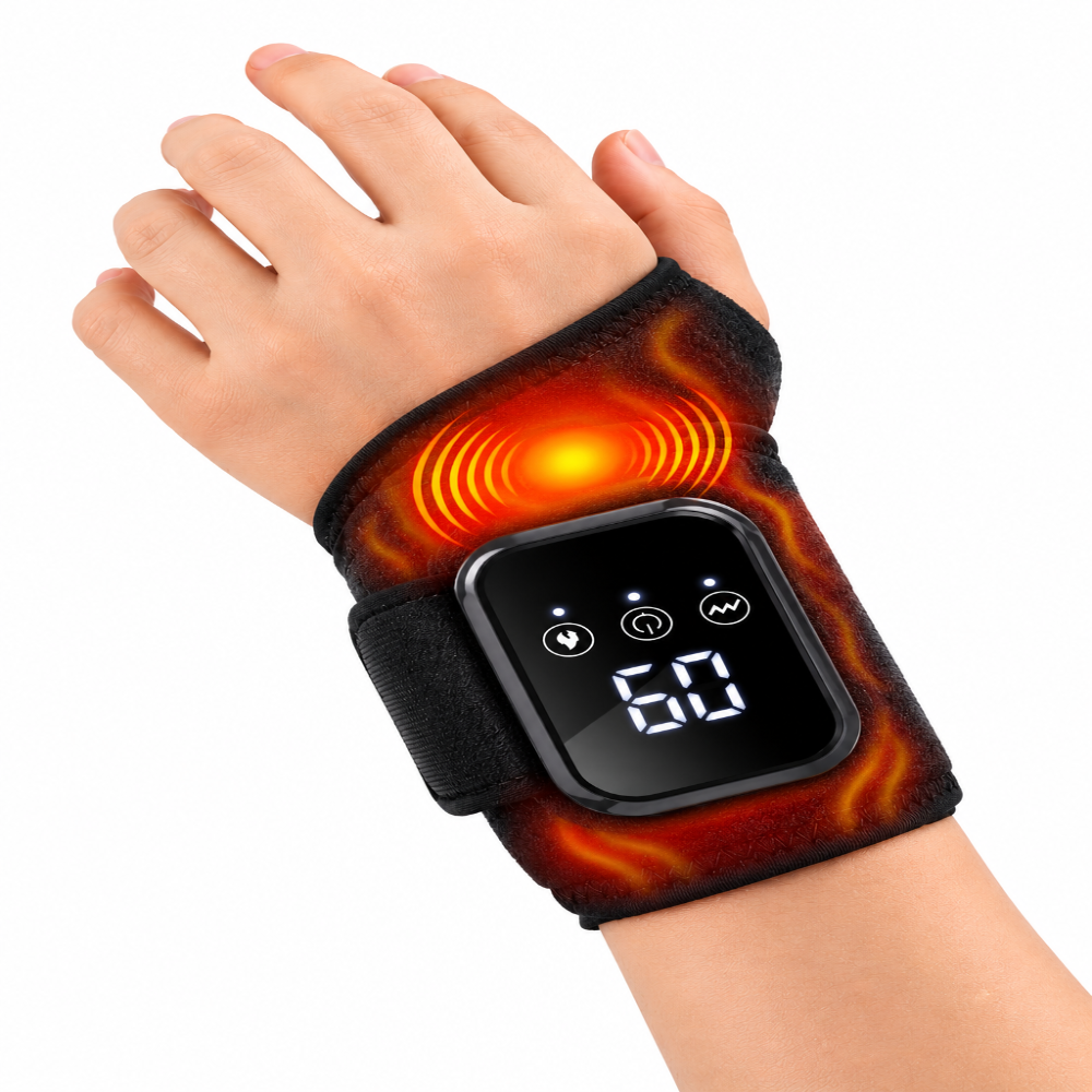 A smart wrist brace with a digital display screen showing '60' and heatwave graphics, worn on a person's wrist against a white background.
